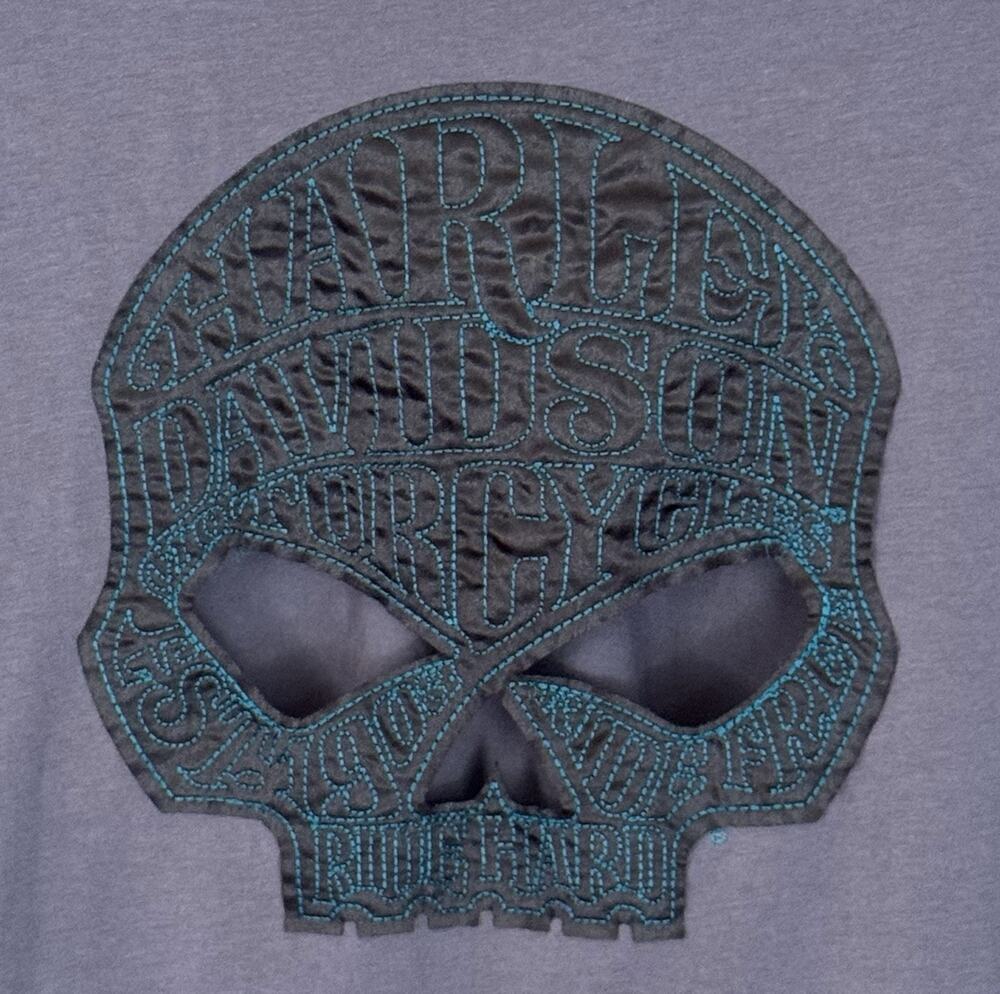 Harley-Davidson Shirt Womens 2XL Grey/Teal Short Sleeve Skull Cutout